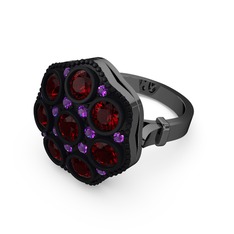 Garnet ve ametist 925 ayar siyah rodyum kaplama gümüş yüzük
