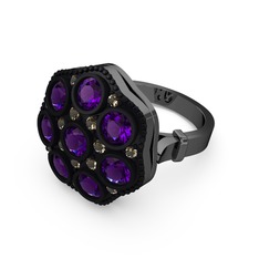 Glory Elmas Yüzük - Ametist ve dumanlı kuvars 925 ayar siyah rodyum kaplama gümüş yüzük #k26xop