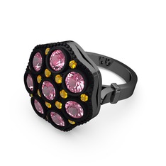 Glory Elmas Yüzük - Pembe kuvars ve sitrin 925 ayar siyah rodyum kaplama gümüş yüzük #p9ovnx