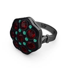 Glory Elmas Yüzük - Garnet ve kök zümrüt 925 ayar siyah rodyum kaplama gümüş yüzük #rttwq