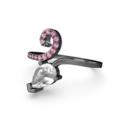 Sarmaşık Damla Yüzük - Pembe kuvars ve swarovski 925 ayar siyah rodyum kaplama gümüş yüzük #19cvhal