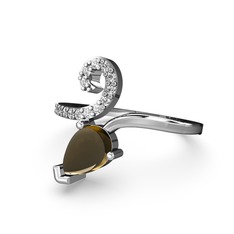 Sarmaşık Damla Yüzük - Beyaz zirkon ve dumanlı kuvars 14 ayar beyaz altın yüzük #1i5mane