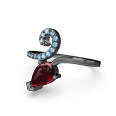 Akuamarin ve garnet 925 ayar siyah rodyum kaplama gümüş yüzük