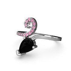 Sarmaşık Damla Yüzük - Pembe kuvars ve siyah zirkon 14 ayar beyaz altın yüzük #1ksr8g9