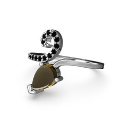 Siyah zirkon ve dumanlı kuvars 18 ayar beyaz altın yüzük