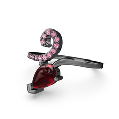 Sarmaşık Damla Yüzük - Pembe kuvars ve garnet 925 ayar siyah rodyum kaplama gümüş yüzük #3mhom4