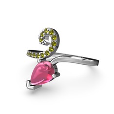 Peridot ve pembe kuvars 8 ayar beyaz altın yüzük