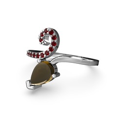 Garnet ve dumanlı kuvars 14 ayar beyaz altın yüzük