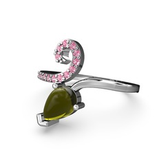 Sarmaşık Damla Yüzük - Pembe kuvars ve peridot 14 ayar beyaz altın yüzük #oc42ab