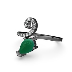 Sarmaşık Damla Yüzük - Beyaz zirkon ve kök zümrüt 925 ayar siyah rodyum kaplama gümüş yüzük #pd6in