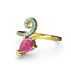 Akuamarin ve pembe kuvars 14 ayar altın yüzük