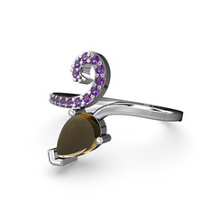 Sarmaşık Damla Yüzük - Ametist ve dumanlı kuvars 14 ayar beyaz altın yüzük #scdbeu