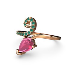 Kök zümrüt ve pembe kuvars 14 ayar rose altın yüzük