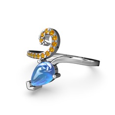 Sarmaşık Damla Yüzük - Sitrin ve akuamarin 8 ayar beyaz altın yüzük #znvamn