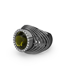 Mai Tel Yüzük - Peridot ve pırlanta 925 ayar siyah rodyum kaplama gümüş yüzük (0.286 karat) #14kssg9