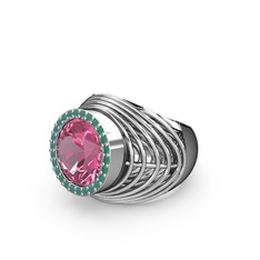 Pembe kuvars ve kök zümrüt 18 ayar beyaz altın yüzük
