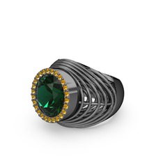 Mai Tel Yüzük - Yeşil kuvars ve sitrin 925 ayar siyah rodyum kaplama gümüş yüzük #1dx7v0k