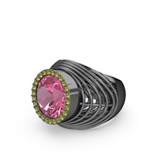 Mai Tel Yüzük - Pembe kuvars ve peridot 925 ayar siyah rodyum kaplama gümüş yüzük #1em0gbj
