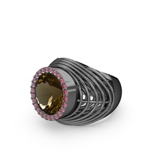 Mai Tel Yüzük - Dumanlı kuvars ve kök yakut 925 ayar siyah rodyum kaplama gümüş yüzük #1stc7tq