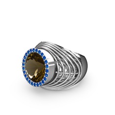 Dumanlı kuvars ve lab safir 8 ayar beyaz altın yüzük