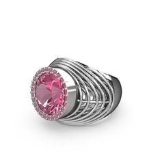 Mai Tel Yüzük - Pembe kuvars ve kök yakut 8 ayar beyaz altın yüzük #3l68mm