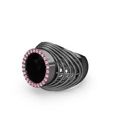Mai Tel Yüzük - Siyah zirkon ve pembe kuvars 925 ayar siyah rodyum kaplama gümüş yüzük #54dr12