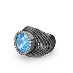 Akuamarin ve swarovski 925 ayar siyah rodyum kaplama gümüş yüzük