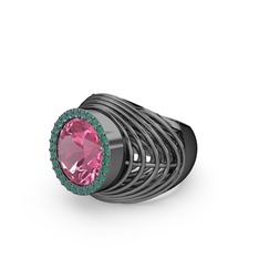 Mai Tel Yüzük - Pembe kuvars ve kök zümrüt 925 ayar siyah rodyum kaplama gümüş yüzük #pa178q