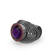 Ametist ve garnet 925 ayar siyah rodyum kaplama gümüş yüzük