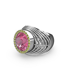 Pembe kuvars ve peridot 18 ayar beyaz altın yüzük