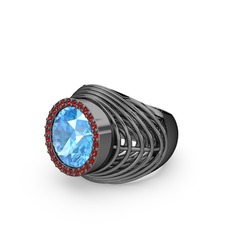 Akuamarin ve garnet 925 ayar siyah rodyum kaplama gümüş yüzük