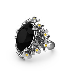 Belka Demet Yüzük - Siyah zirkon ve sitrin 14 ayar beyaz altın yüzük #133uae6