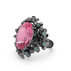 Pembe kuvars ve kök zümrüt 925 ayar siyah rodyum kaplama gümüş yüzük