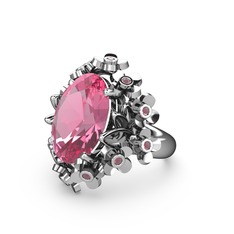 Pembe kuvars ve kök yakut 8 ayar beyaz altın yüzük