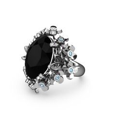 Belka Demet Yüzük - Siyah zirkon ve akuamarin 14 ayar beyaz altın yüzük #1io1lz4