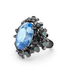 Belka Demet Yüzük - Akuamarin ve kök zümrüt 925 ayar siyah rodyum kaplama gümüş yüzük #1ki5l1b