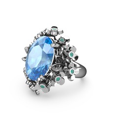 Akuamarin ve kök zümrüt 925 ayar gümüş yüzük