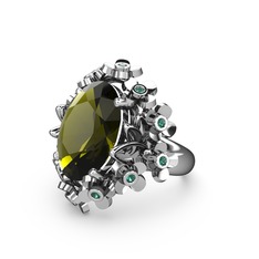 Peridot ve yeşil kuvars 14 ayar beyaz altın yüzük