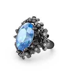 Belka Demet Yüzük - Akuamarin ve swarovski 925 ayar siyah rodyum kaplama gümüş yüzük #2wn514