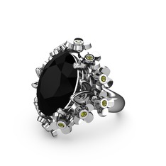 Belka Demet Yüzük - Siyah zirkon ve peridot 14 ayar beyaz altın yüzük #7466f8