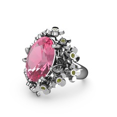 Belka Demet Yüzük - Pembe kuvars ve peridot 14 ayar beyaz altın yüzük #8q4cj4