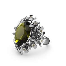 Peridot ve dumanlı kuvars 14 ayar beyaz altın yüzük