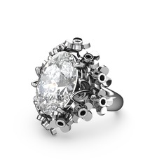 Belka Demet Yüzük - Beyaz zirkon ve siyah zirkon 14 ayar beyaz altın yüzük #obbvvl