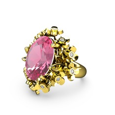 Pembe kuvars ve beyaz zirkon 14 ayar altın yüzük