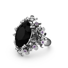 Belka Demet Yüzük - Siyah zirkon ve ametist 14 ayar beyaz altın yüzük #uds369