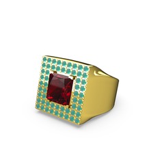 Albera Kare Yüzük - Garnet ve kök zümrüt 18 ayar altın yüzük #1505pja