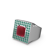 Albera Kare Yüzük - Kök yakut ve yeşil kuvars 8 ayar beyaz altın yüzük #152yewu