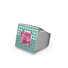 Albera Kare Yüzük - Pembe kuvars ve kök zümrüt 14 ayar beyaz altın yüzük #1d34hz7