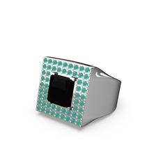 Albera Kare Yüzük - Siyah zirkon ve kök zümrüt 14 ayar beyaz altın yüzük #1g1kbdr