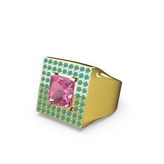 Albera Kare Yüzük - Pembe kuvars ve kök zümrüt 925 ayar altın kaplama gümüş yüzük #1jttwo7